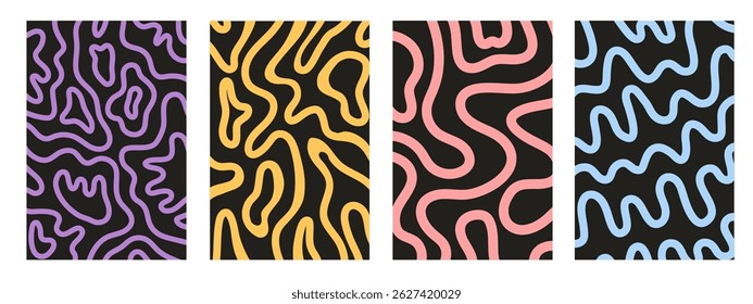 Twisted lines, fluid, curved, wiggling stripes waves on black backgrounds set. Liquid, chaotic Retro trippy hippie wavy. Doodle groovy hand drawn waves