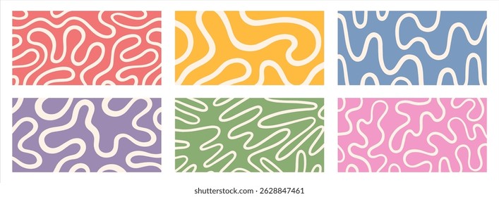 Twisted lines, fluid, curved, wiggling stripes, waves vector 1:2 backgrounds half page banners set. Funky ornaments, groovy patterns collection. Doodle uneven hand drawn wavy organic winding lines