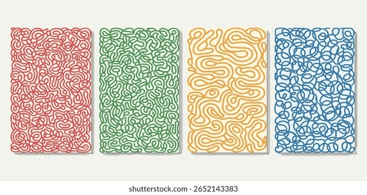 Twisted lines, fluid, curved, wiggling stripes, waves vector backgrounds set. Liquid, funky chaotic ornaments, groovy hippie patterns collection. Doodle, uneven hand drawn wavy, organic winding 