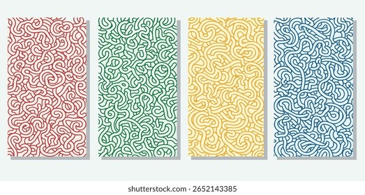 Twisted lines, fluid, curved, wiggling stripes, waves vector backgrounds set. Liquid, funky chaotic ornaments, groovy hippie patterns collection. Doodle, uneven hand drawn wavy, organic winding 