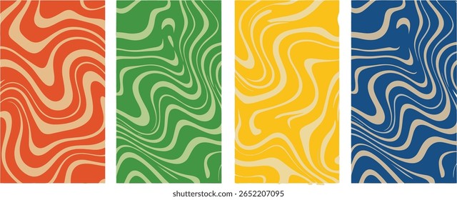 Twisted lines, fluid, curved, wiggling stripes, waves vector backgrounds set. Liquid, chaotic retro ornaments, groovy hippie patterns collection. Doodle, uneven hand drawn wavy, organic winding lines