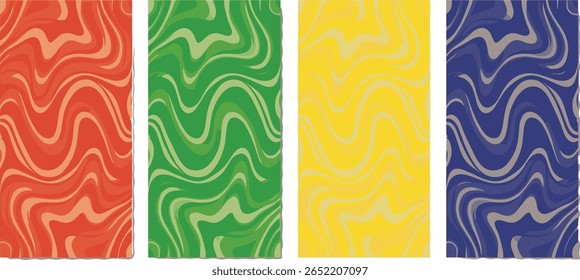 Twisted lines, fluid, curved, wiggling stripes, waves vector backgrounds set. Liquid, chaotic retro ornaments, groovy hippie patterns collection. Doodle, uneven hand drawn wavy, organic winding lines