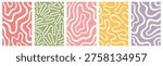 Twisted lines, organic shapes, fluid, curved, wiggling stripes, waves vector backgrounds set. Liquid, funky chaotic maze ornaments, groovy hippie patterns collection. Doodle, uneven hand drawn wavy, curved, winding lines. Red, green, pink, yellow, purple colors.