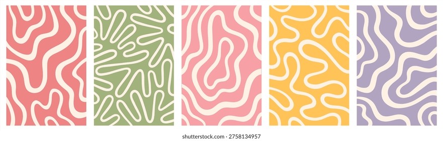 Twisted lines, organic shapes, fluid, curved, wiggling stripes, waves vector backgrounds set. Liquid, funky chaotic maze ornaments, groovy hippie patterns collection. Doodle, uneven hand drawn wavy, curved, winding lines. Red, green, pink, yellow, purple colors.