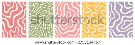 Twisted lines, organic shapes, fluid, curved, wiggling stripes, waves vector backgrounds set. Liquid, funky chaotic maze ornaments, groovy hippie patterns collection. Doodle, uneven hand drawn wavy, curved, winding lines. Red, green, pink, yellow, purple colors.