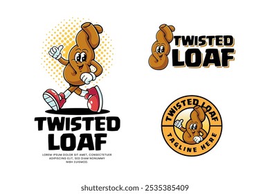 twisted loaf bakery colorful retro cartoon character mascot illustration with walking pose and showing nice hand for pastry, dessert, restaurant, bake shop mascots and merchandise