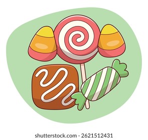 Twisted lollipop with candy, biscuit and jelly beans