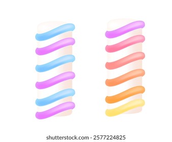 Twisted marshmallow sticks, glossy texture. Purple,blue,red and yellow colored candy. Sweet tasty dessert, sugar food. Vector illustration isolated on white background