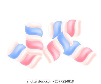 Twisted marshmallow sticks in pink and blue with a smooth, glossy texture. Sweet tasty dessert, sugar food. Vector illustration isolated on white background