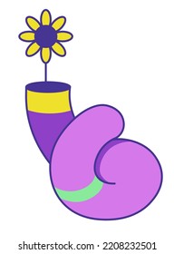 Twisted massive line with blooming flower. Isolated floral decoration, botany in blossom, flourishing plant adornment. Abstract composition. Sticker or video game element. Vector in flat style