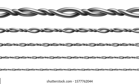 Twisted Metallic Wire Seamless Pattern Set Vector. Collection Of Flexible Metal Wire For Gates Or Fence. Industrial Equipment For Security Forbidden Areas Template Realistic 3d Illustrations