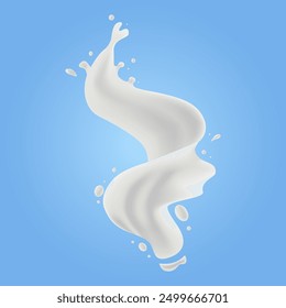 Twisted Milk Liquid Splash Wave.  Realistic Milk Drop Isolated on Blue Background. Vector Illustration for Product Design or Advertising Needs.