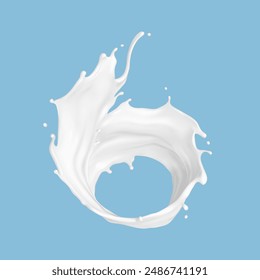 Salpicadura de leche retorcida aislada sobre fondo azul. Producto lácteo natural, yogur o crema salpicada. Ilustración vectorial realista
