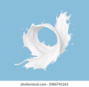 Salpicadura de leche retorcida aislada sobre fondo azul. Producto lácteo natural, yogur o crema salpicada. Ilustración vectorial realista
