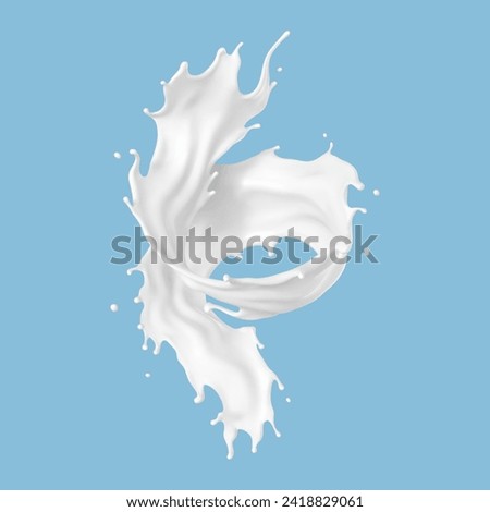 Twisted milk splash isolated on blue background. Natural dairy product, yogurt or cream splash with flying drops. Realistic Vector illustration