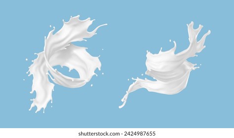 Twisted milk splashes isolated on blue background. Natural dairy product, yogurt or cream splash. Realistic Vector illustration