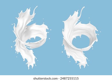 Twisted milk splashes isolated on blue background. Natural dairy product, yogurt or cream splash. Realistic vector illustration