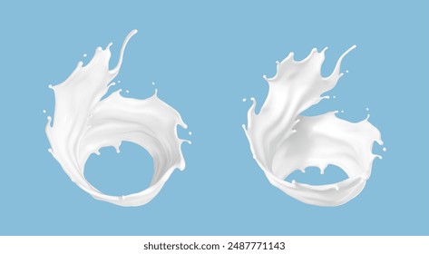 Leche retorcida salpicaduras aisladas sobre fondo azul. Producto lácteo natural, yogur o crema salpicada. Ilustración vectorial realista