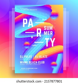 Twisted neon wave textured stripe futuristic vivid summer party poster template with place for text vector illustration. Club social disco event luminous decorative design holiday flyer invitation