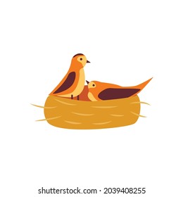 Twisted nest, two birds male and female, family. Colorful vector isolated cartoon illustration. Print or card. Happy couple