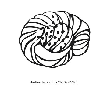 Rolo de canela nórdica trançado isolado no fundo branco. Ilustração de padaria desenhada à mão preta e branca de kanelbulle