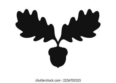 Twisted Oak leaves acorn silhouette icon. Dark-coloured Quercus species foliage. Isolated on a white background.