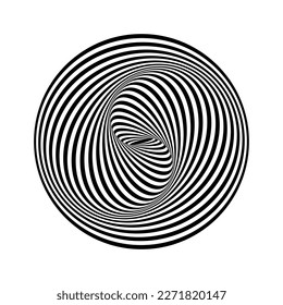 Ilusión óptica torcida. Líneas de vórtice en blanco y negro. Patrón giratorio a rayas con efecto dinámico. Elemento geométrico aislado sobre fondo blanco. Ilustración gráfica del vector