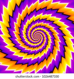 Twisted orange, purple and yellow spirals. Motion illusion.