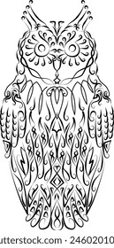 twisted owl ornament decorated with vine curls mosaic of different symbols. Vector illustration owl logo abstract symbolic for embossing business cards and banners. Owl with Big Eyes Black and White