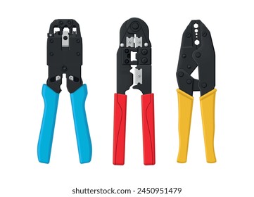 Twisted pair crimping tools with blue red and yellow handles set realistic vector illustration. Industrial repair metallic equipment with blade cut for maintenance technician service cord cable fixing