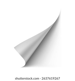 Twisted paper corner vector overlay effect. White paper pages edge curl. Realistic bent papers sheet with shadow. Blank sheet of sticker turn angle
