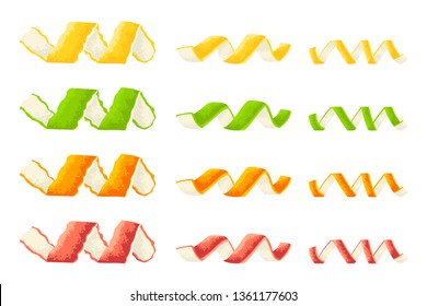 Twisted peel of lemon, grapefruit, orange and lime vector cartoon set isolated on white background.