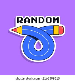 Twisted pencil and typography. Hand drawn trendy cartoon sticker. Random concept. Vector flat illustration.
