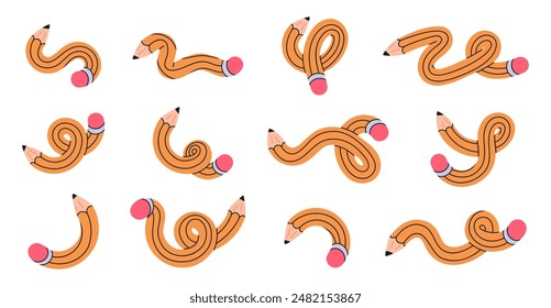 Twisted pencils. Curved funny pencils, intertwined yellow simple pencil, cute school supplies flat vector illustration set. Funky twisted pencils