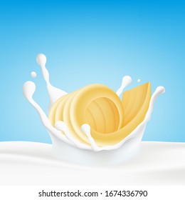 Twisted piece of butter or cream spread in milk splash, realistic mockup vector illustration. Dairy product advertising banner template or background.