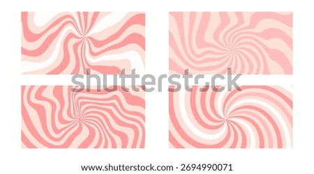 Twisted pink candy banners set. Cream texture sugar liquid starburst background. Retro spiral sun rays backdrop. Vector wavy dynamic lines decoration. Carnival stripes vintage design.
