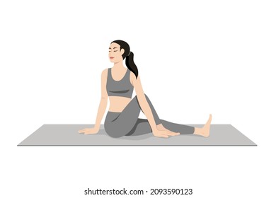 Twisted Pose, Beautiful girl practice Vakrasana. Young attractive woman practicing yoga exercise. working out, black wearing sportswear, grey pants and top, indoor full length, calmness and relax.