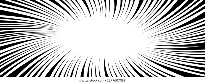 Twisted Radial, schwarze Linien auf weißem Hintergrund. Manga Buchseite Design. Drehbare Comic-Hervorhebung-Vorlage. Knall, Splash, Boom, Explosion, Macht, Schrei, Bewegung, Bersteffekt. Vektorgrafik-Illustration