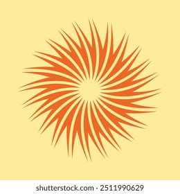 Twisted radial orange bursting triangle arrows. A circular arrangement of twirling shapes. Isolated on a pale background.