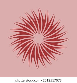 Twisted radial red bursting triangle arrows. A circular arrangement of twirling shapes. Isolated on a pale background.