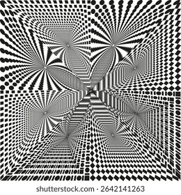 Twisted rays illusion. Abstract stripe figure. Optical distortion pattern. Vector black shape.