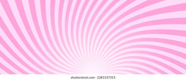 Twisted rays of rosy sunrise or sunset. Vortex pinwheel pattern. Pink circus or carnival background. Strawberry bubble gum, sweet lollipop candy, ice cream texture. Vector cartoon illustration