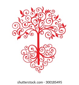 Twisted red tree with roots in the form of heart