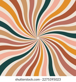 Twisted retro sun burst background, 70s Style, groovy aesthetic. Warm color palette, vector illustration