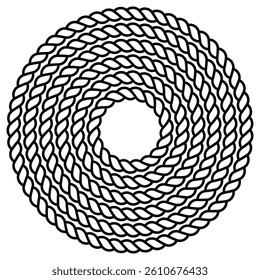 Twisted rope circle. Nautical knot emblem. Spiral marine symbol. Black and white vector.