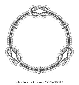 Twisted rope circle - round frame with knots, vector rope border