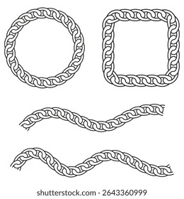 Twisted rope frames. Nautical wavy borders. Handcrafted marine shapes. Black and white vector.