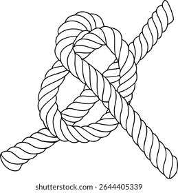 Twisted rope knot black line illustration ideal for nautical themes, marine navigation designs, survival tutorials, climbing visuals, and vintage sketch-style educational or decorative projects.