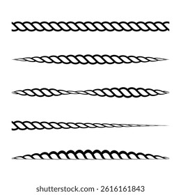 Twisted rope lines. Nautical strong cords. Parallel marine elements. Black and white vector.