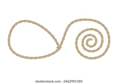 Twisted rope loop. Brown coiled knot. Vector cord illustration. Isolated on white.